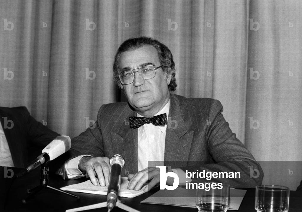 Georges Fillioud, French Minister of Communication, during Meeting With Trade Union, Paris, March 4, 1982 (b/w photo)