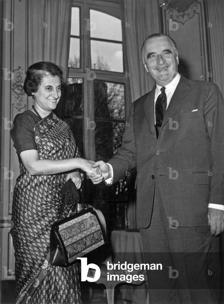 Indira Gandhi and Georges Pompidou in Paris on March 25, 1966 (b/w photo)