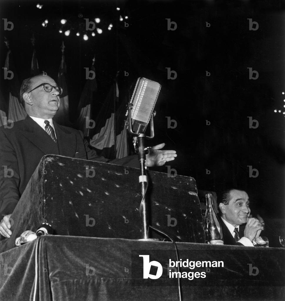 Pierre Mendes France and Edgar Faure French Prime Minister during Politican Meeting November 4, 1955 (b/w photo)
