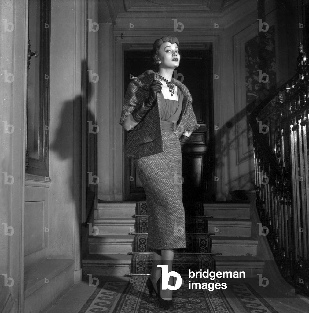 Madeleine De Rauch Fashion, February 11, 1954 : Dress and Jacket (b/w photo)