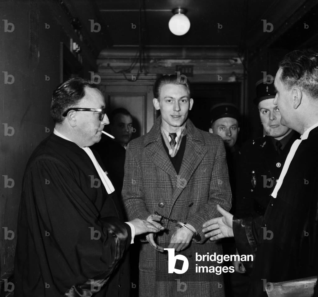 Gerard Dupriez With His Defenseurs Left Charles Delaunay And Right Paul Brasier In The Corridors Of The Palace Of Justice To Be Heard By The Investigating Judge March 16, 1953 Neg: 74418 (b/w photo)