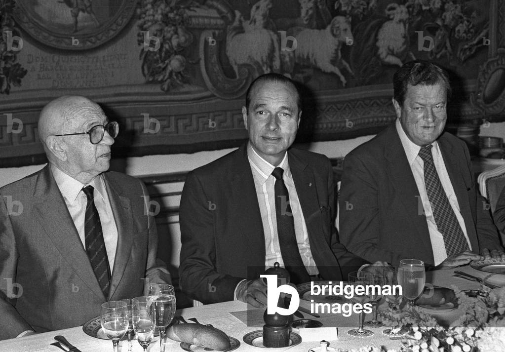 French prime minister Jacques Chirac, during the lunch with presidents of regional councils, Hotel Matignon, Paris, July 9, 1986 (b/w photo)