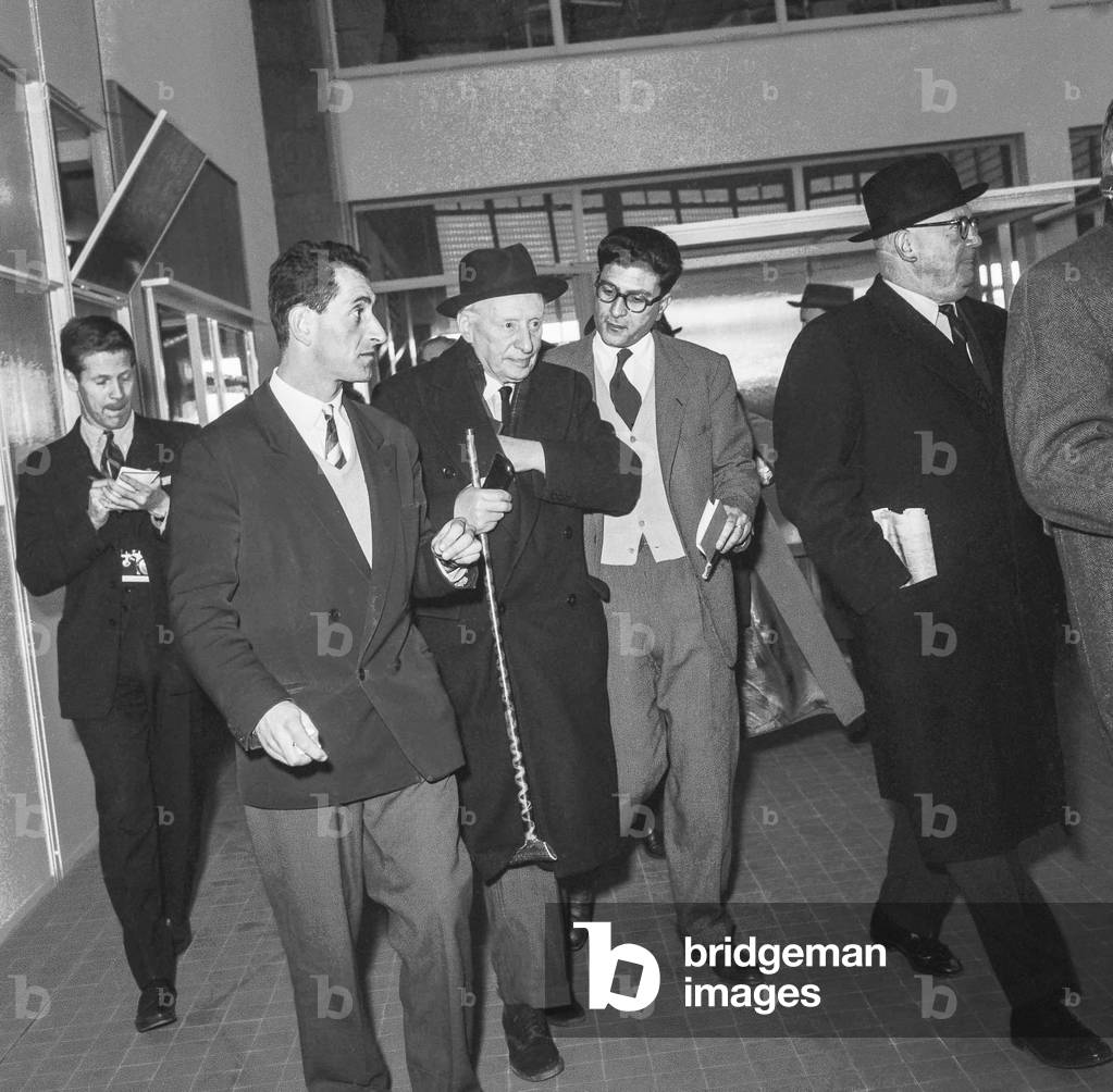 Turbomeca factory (gas turbine engines) in Bordes, France, February 20, 1958 : Louis Christiaens, French Secretary of State for Armed forces) visiting the factory (b/w photo)