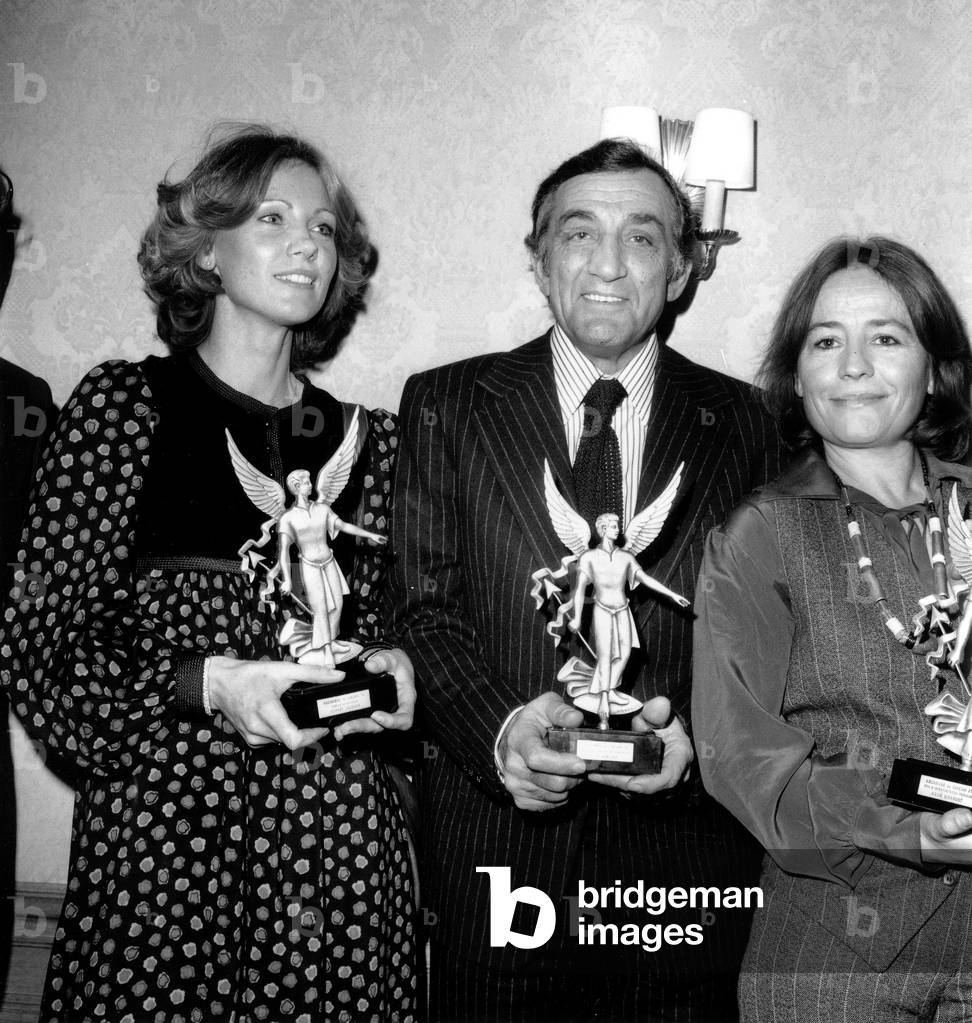Mrs Lelouch (For her Husband Claude), Lino Ventura and Annie Girardot Receiving French Movie Prize February 04, 1977 (b/w photo)