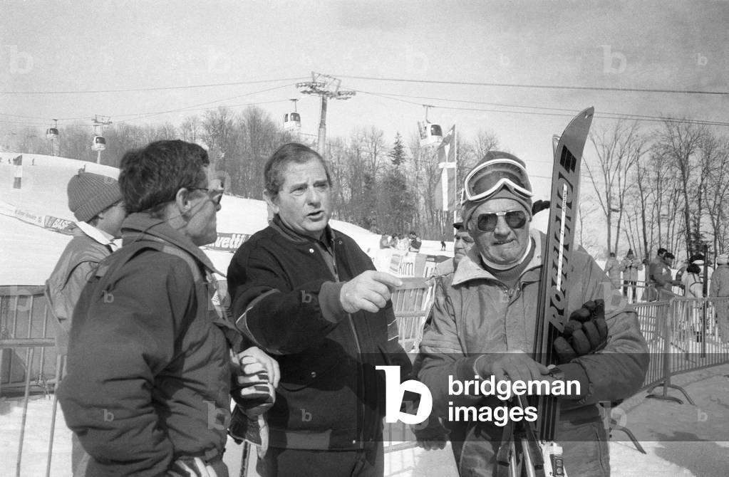French Skier Adrien Duvillard and Emile Allais, February 17, 1987. Megeve, France (b/w photo)