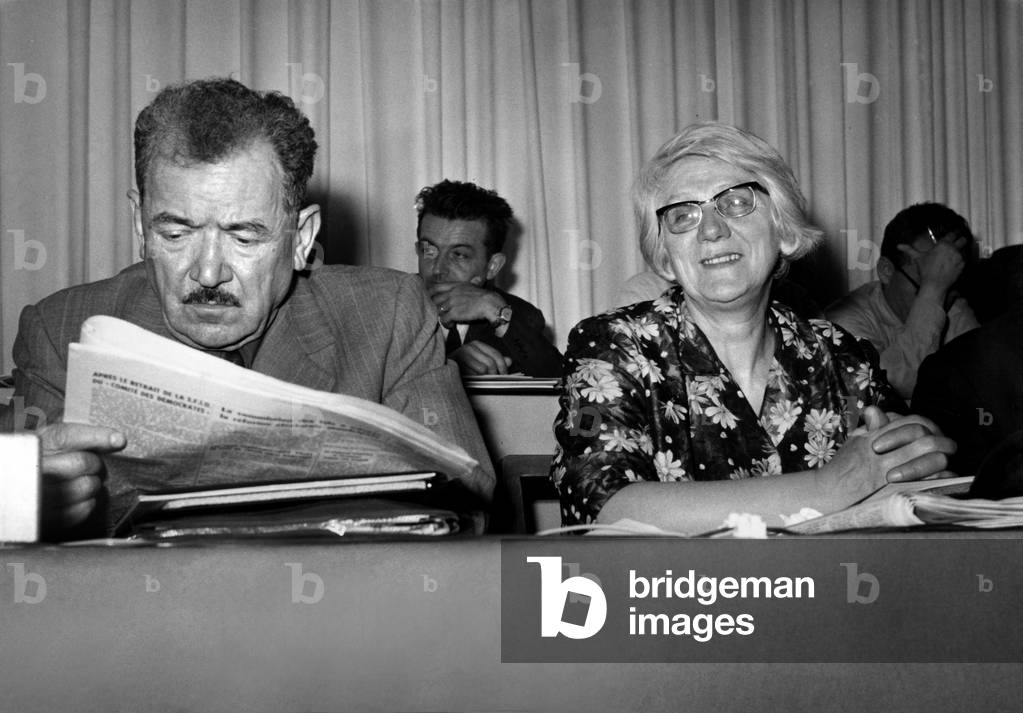 Benoit Frachon and Jeannette Vermeersch Thorez at Meeting of Communist Party, May 14, 1964 (b/w photo)