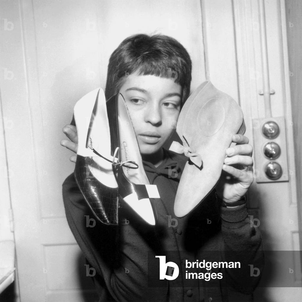 Dior Collection By Bootmaker Roger Vivier (L-R) : Sport Shoe in Black and White Crocodile, A Black and White Patent-Leather Shoe and A Bootee, January 30, 1963 (b/w photo)