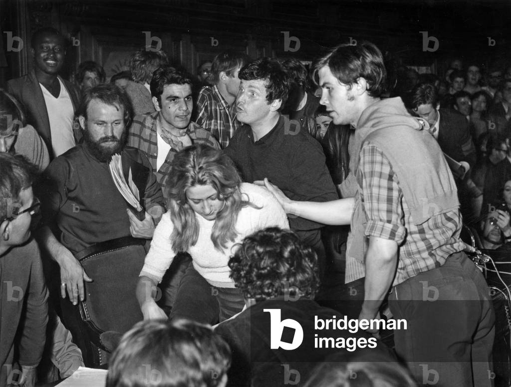 Daniel Cohn-Bendit (C) at Sorbonne University in Paris Speaking in Favour of Strikers and Students, June 2, 1968 (b/w photo)