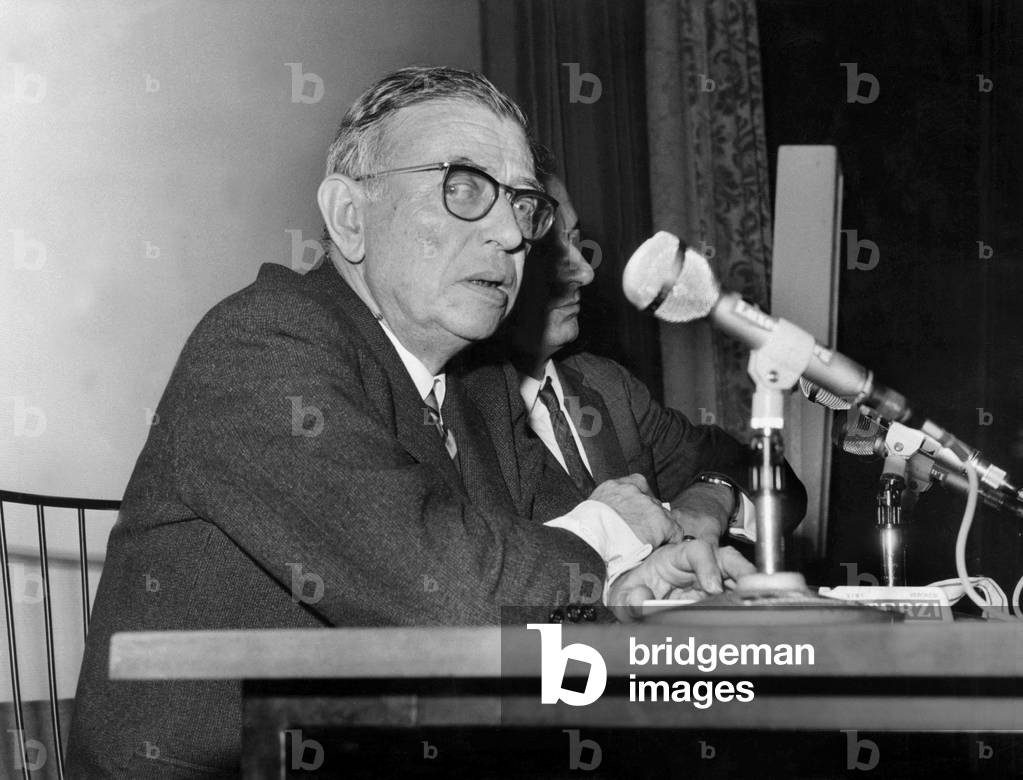 Author Jean Paul Sartre , With Radio-Journalist Jean Garlier during Meeting With American and Parisian Students After Presentation (At The Same Time in Paris and New York) of Film 