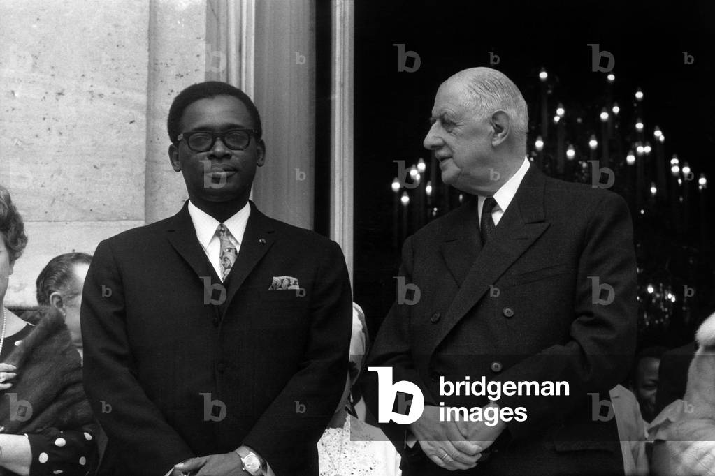 General Joseph Desire Mobutu, President of Congo Kinshasa With French President Charles De Gaulle at The Elysee Palace (Paris) on March 27, 1969  (b/w photo)