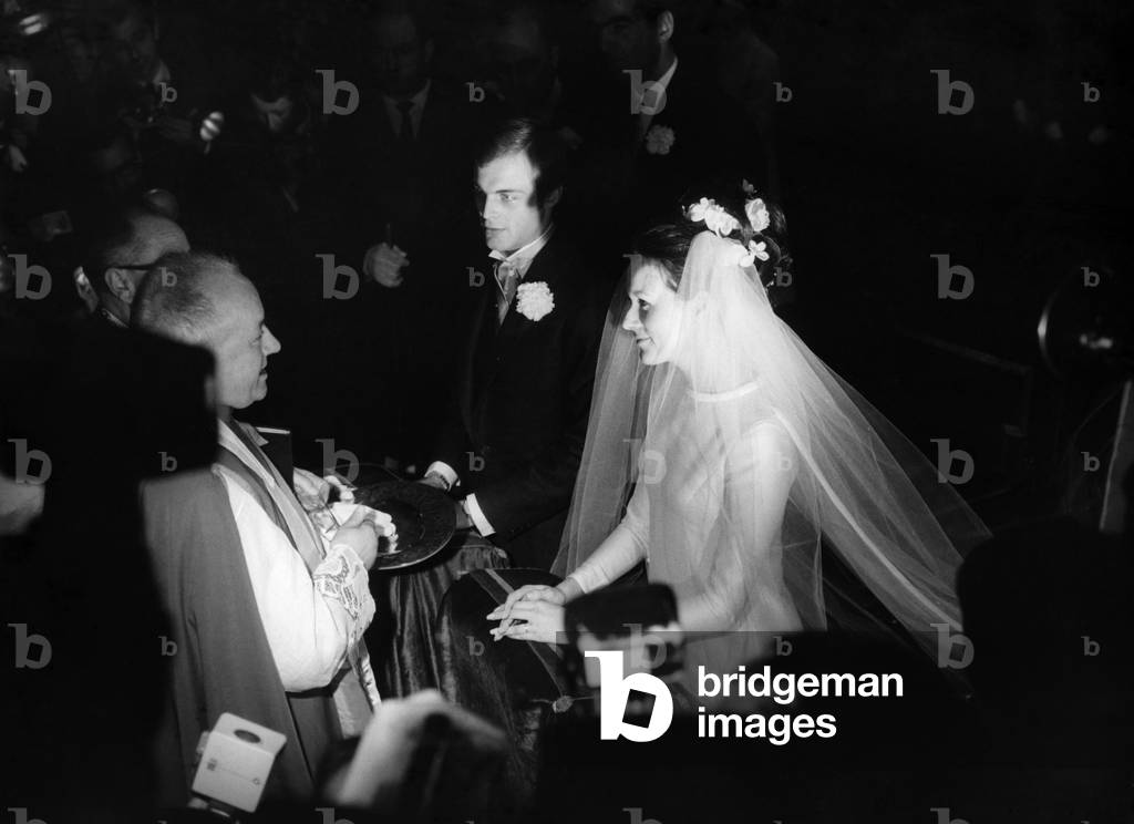 Mike Marshall (Son Of Michelemorgan) And His Young Wife Catherine Prou At L'Eglise Saint Honore D'Eylau, Place Victorhugo In Paris During Their Wedding On April 26, 1966 (b/w photo)