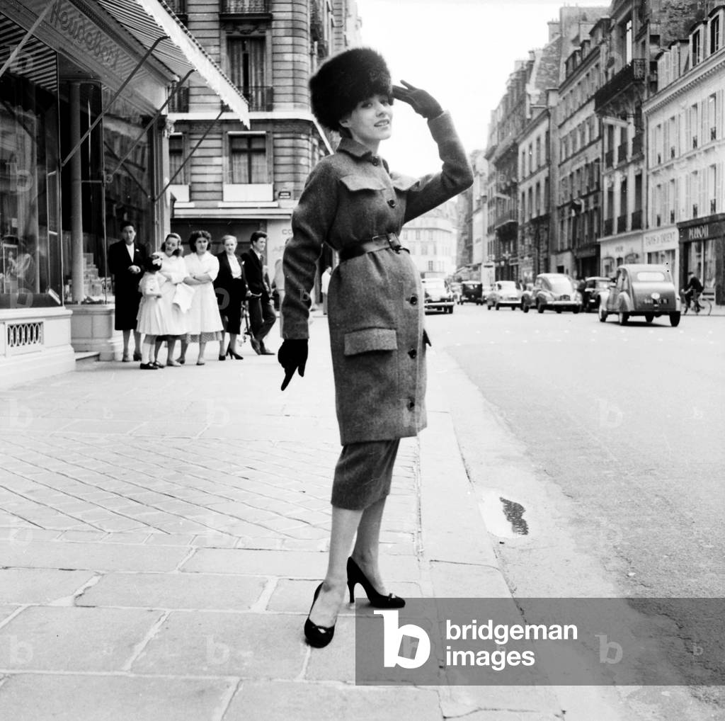 Fashion By Pierre Cardin For Winter 1955, July 29, 1955, Paris : Fur Toque and Women'S Skirt Suit (b/w photo)
