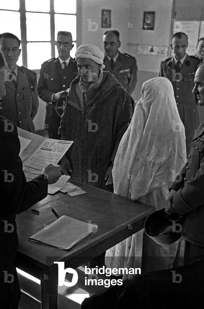 Muslim Wedding in Tenazet, Algeria, By Muslim Mayor Benyebka Benouza February 23, 1959 (New Statute : Wedding By Consent) (b/w photo)