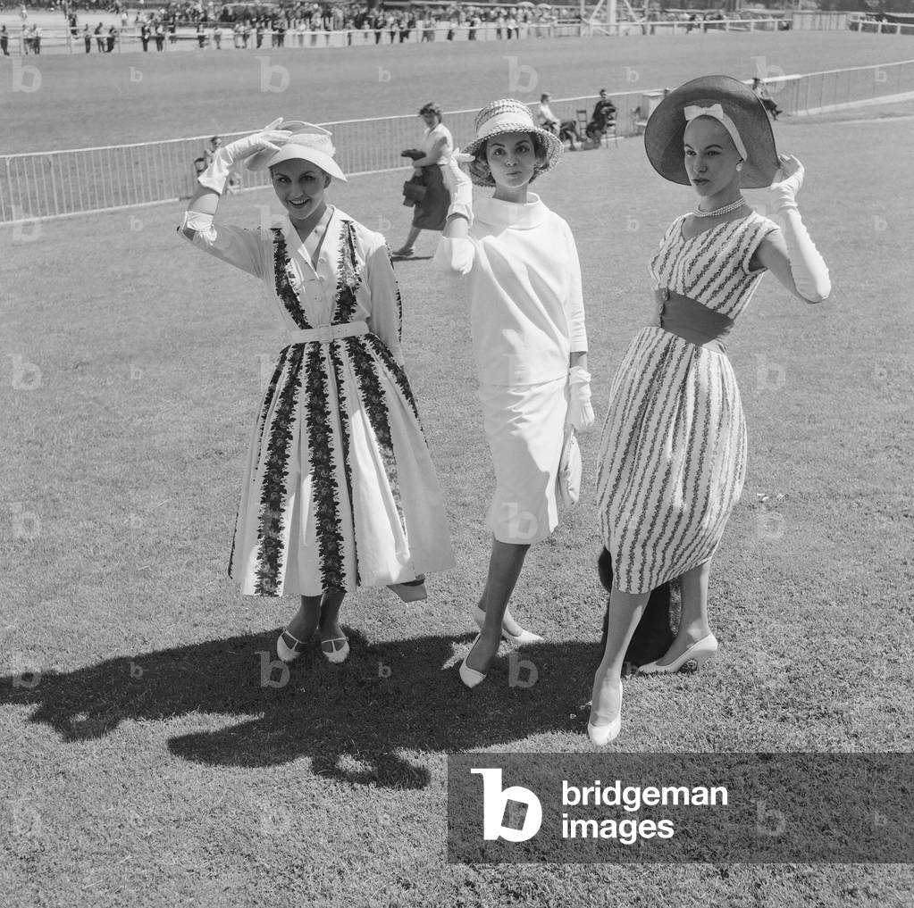 Fashionable young ladies attending the Prix des Drags, Auteuil Hippodrome, 28 June 1957