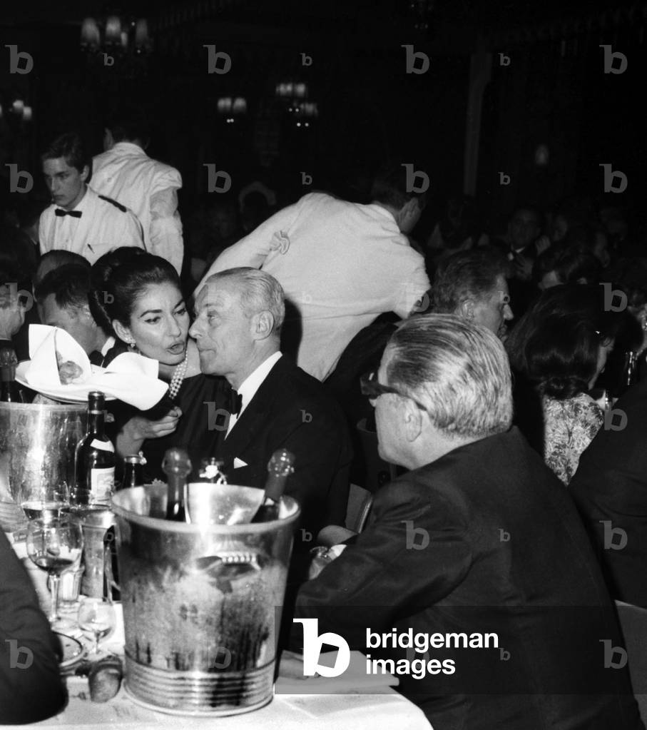Soprano Maria Callas For her Birthday at The Lido in Paris With Guy De Rotschild and Aristote Onassis on December 2, 1964 (b/w photo)