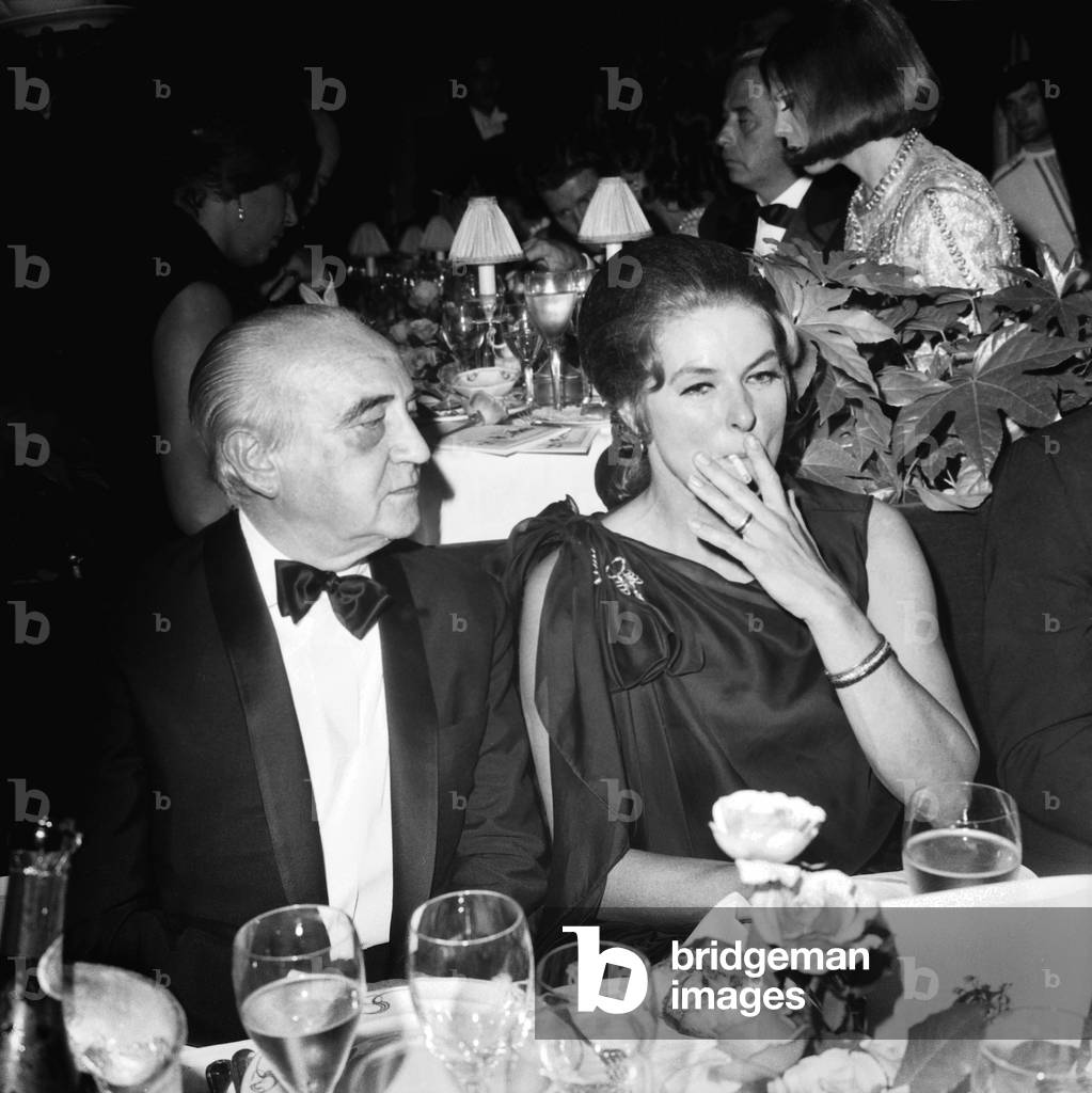 Herve Alphand and Ingrid Bergman at The 75Th Birthday of Maxim'S Restaurant in Paris October 19, 1968 (b/w photo)