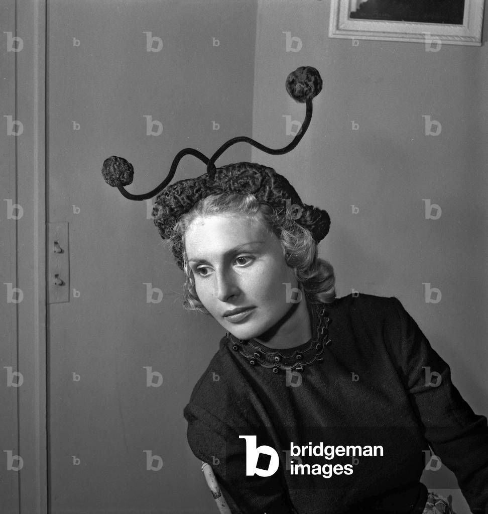 Hats by  Maud et Nano, Paris, July 29, 1949 : here an astrakan and velvet hat called 