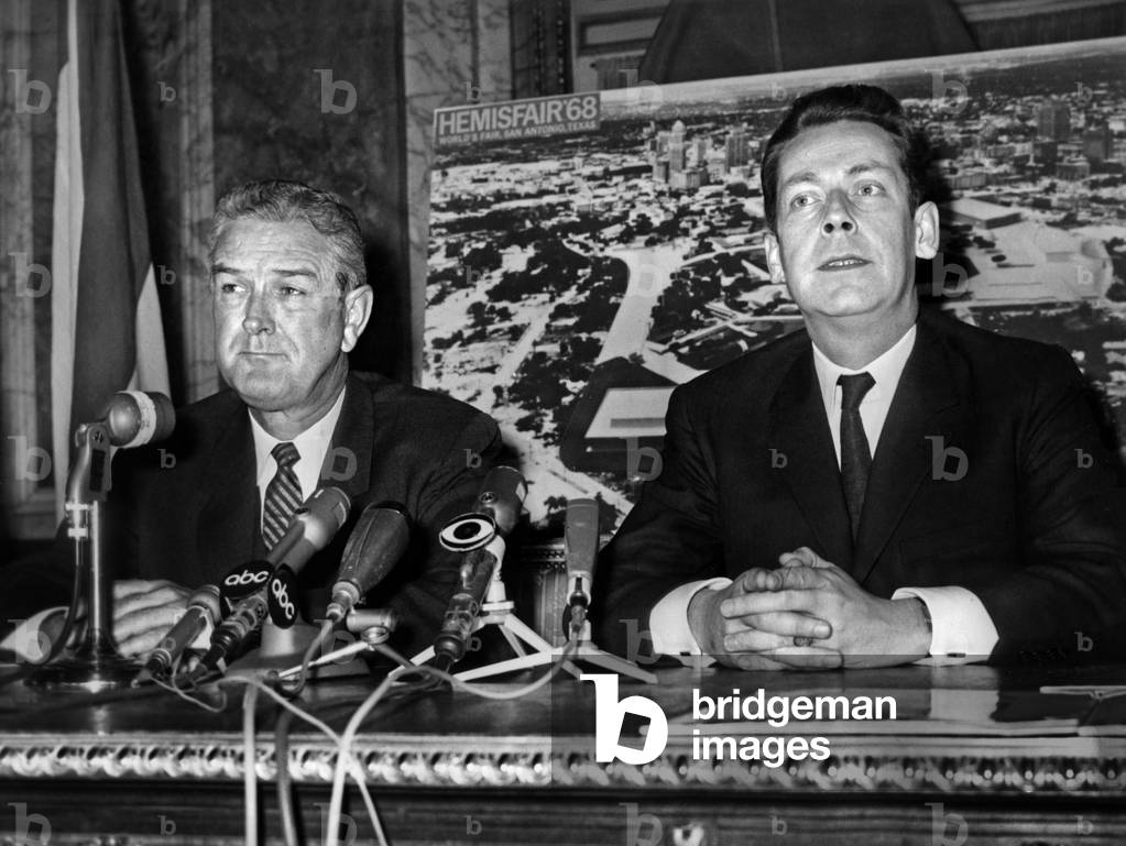 Texas Governor John Connally With Count Charles De Chambrun (Descendent Of La Fayette) Who Welcomed Her To France Here Speaking To Journalists In A Salon Of The Hotel Crillon On December 2, 1967 (b/w photo)