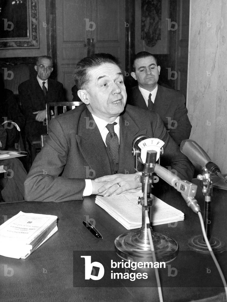 French Ministre De La Justice Edmond Michelet (1899-1970) during Press Conference March 13, 1959 (At The Time of War in Algeria) (b/w photo)
