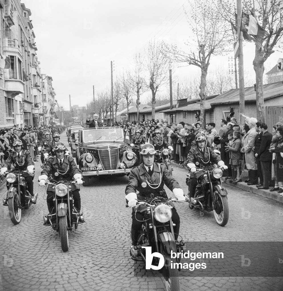 French president Vincent Auriol in Lorient (Brittany), April 23, 1950 (b/w photo)