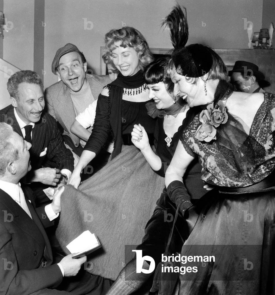 Jean Gabin, Jacques Becker, Robert Chazal, France Roche and Jacqueline Cartier at Fancy Dress Ball March 16, 1954 (b/w photo)