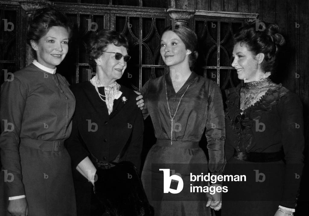 Mrs Poliakoff Congratulating her Three Daughters Who Play Tchekov (L-R) : Odile Versois, Mrs Poliakoff, Marina Vlady and Helene Vallier at Hebertot Theatre on October 20, 1966 (b/w photo)