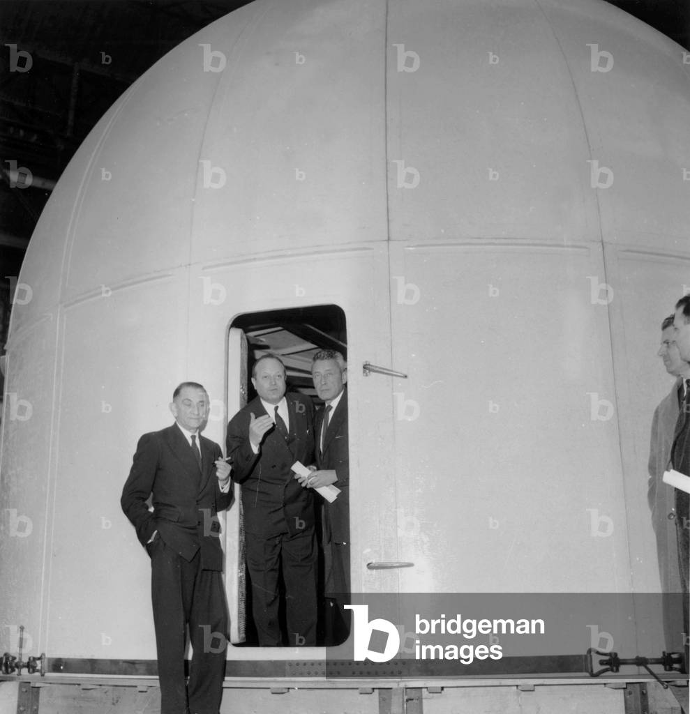 Dimitri Bodianski, Georges Hereil and Paul Emile Victor in Front of A Plastic Igloo For French Polar Expeditions on March 11, 1959 (b/w photo)