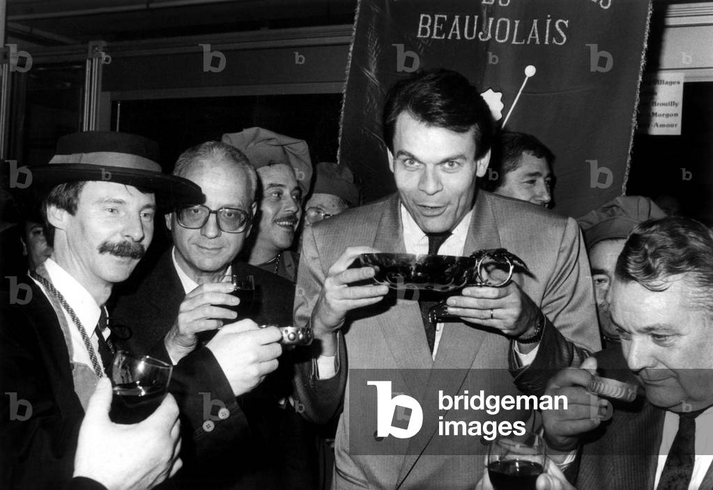 Michel Noir, French Minister of Trade, here during Beaujolais Nouveau Tasting, Paris, November 21, 1986 (b/w photo)