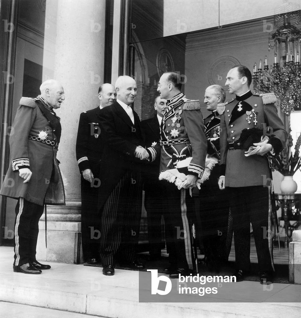 French President Rene Coty Receiving The Grand Necklace of The Malt Order July 7, 1955 (b/w photo)