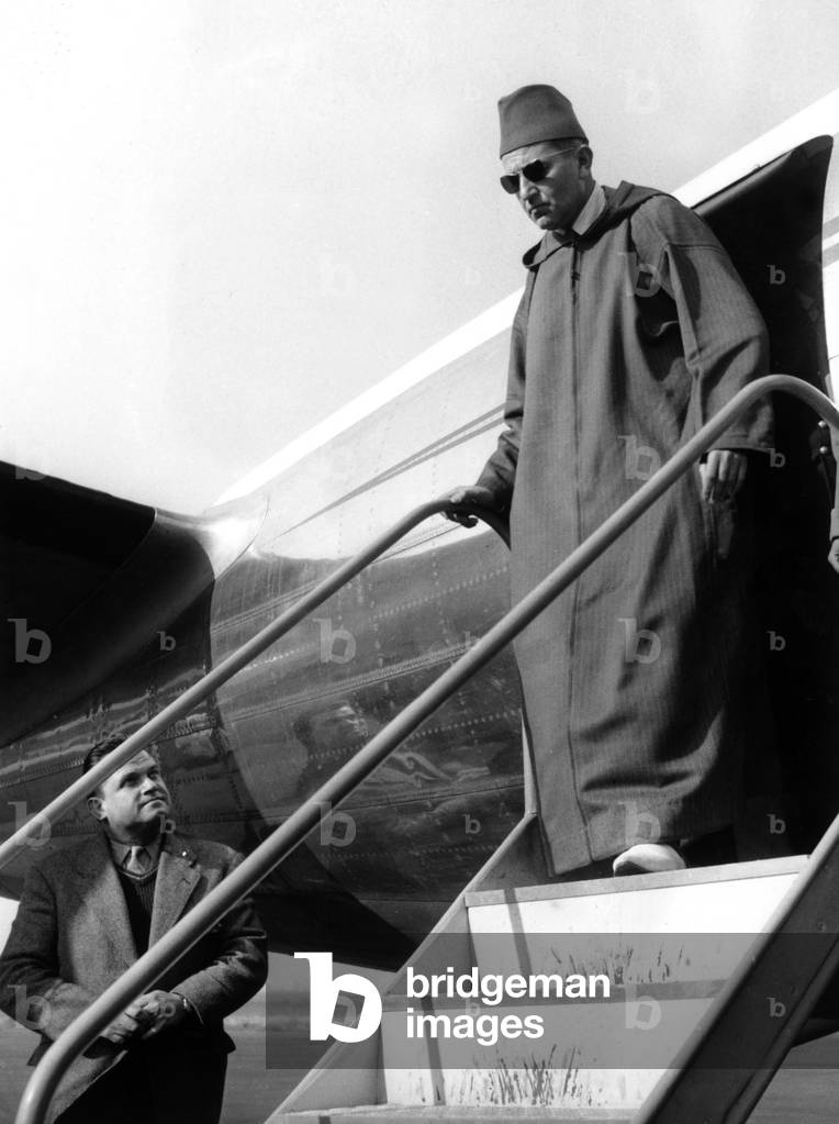 King of Morocco Sidi Mohamed Ben Youssef (Mohamed V) Arriving in Paris on November 1St, 1955 (b/w photo)