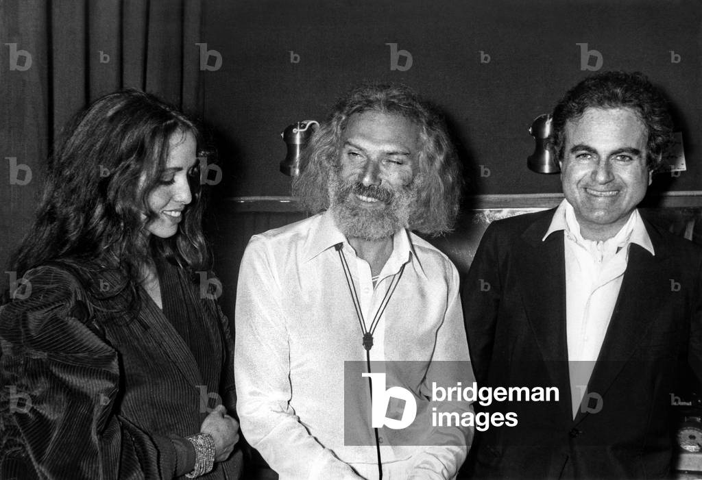 Anne-Marie B. (Anne Marie Besse), Georges Moustaki and Guy Beart After Concert of Moustaki at Olympia, Paris, March 24, 1977 (b/w photo)