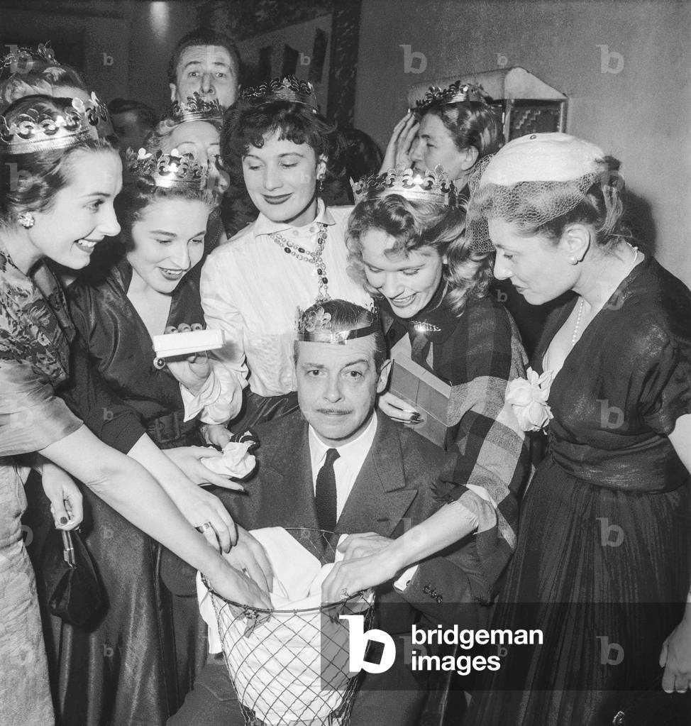 Celebration of Epiphany at the Theatre Saint Georges, Paris, January 10, 1952 with actors Marcelle Derrien, France Delahalle, Jaqueline Pierreux, Colette Richard and Fernand Gravey (b/w photo)