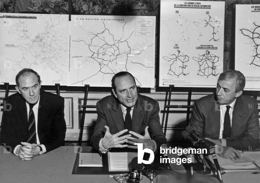 Herve De Charette, Jacques Chirac, French Prime Minister, and Pierre Mehaignerie during Conference About Motorways April 14, 1987 (b/w photo)