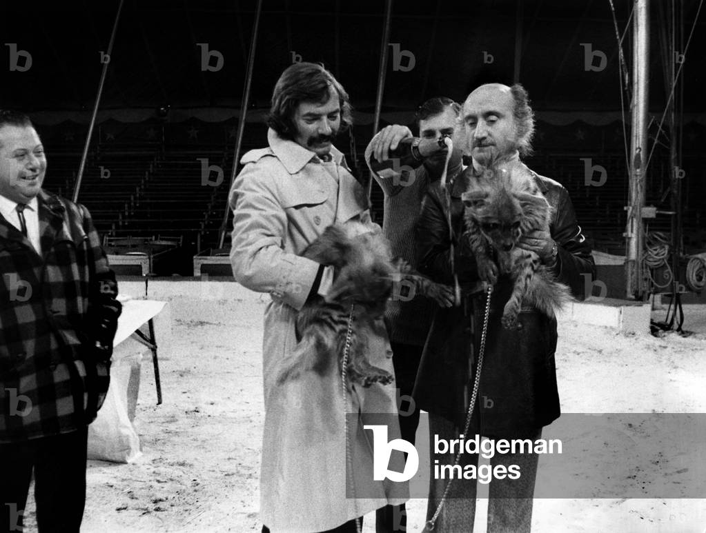 L-R Claude Auziere Advertising Agent of The Bouglione Circus, With French Comics Les Freres Ennemis (Teddy Vrignault on The Left and Andre Gaillard) Carrying Their 