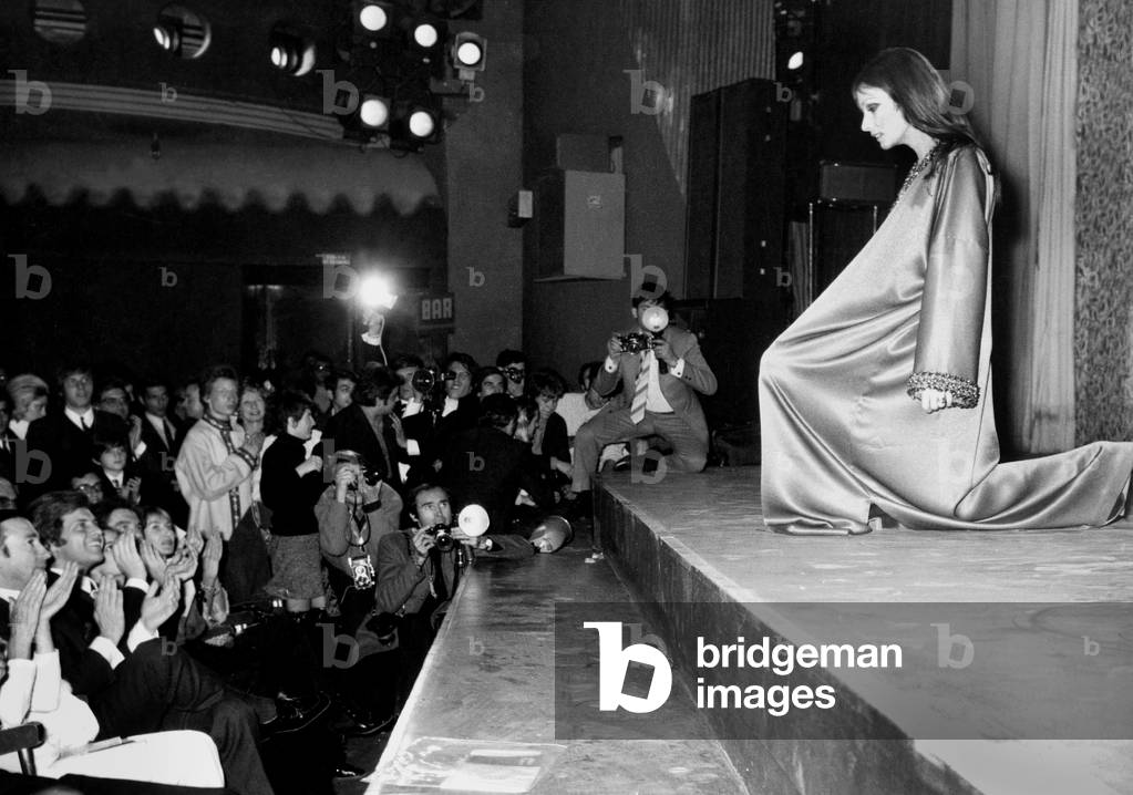 French Actress and Singer Marie Laforet on Stage at The Olympia in Paris November 7, 1969 (b/w photo)