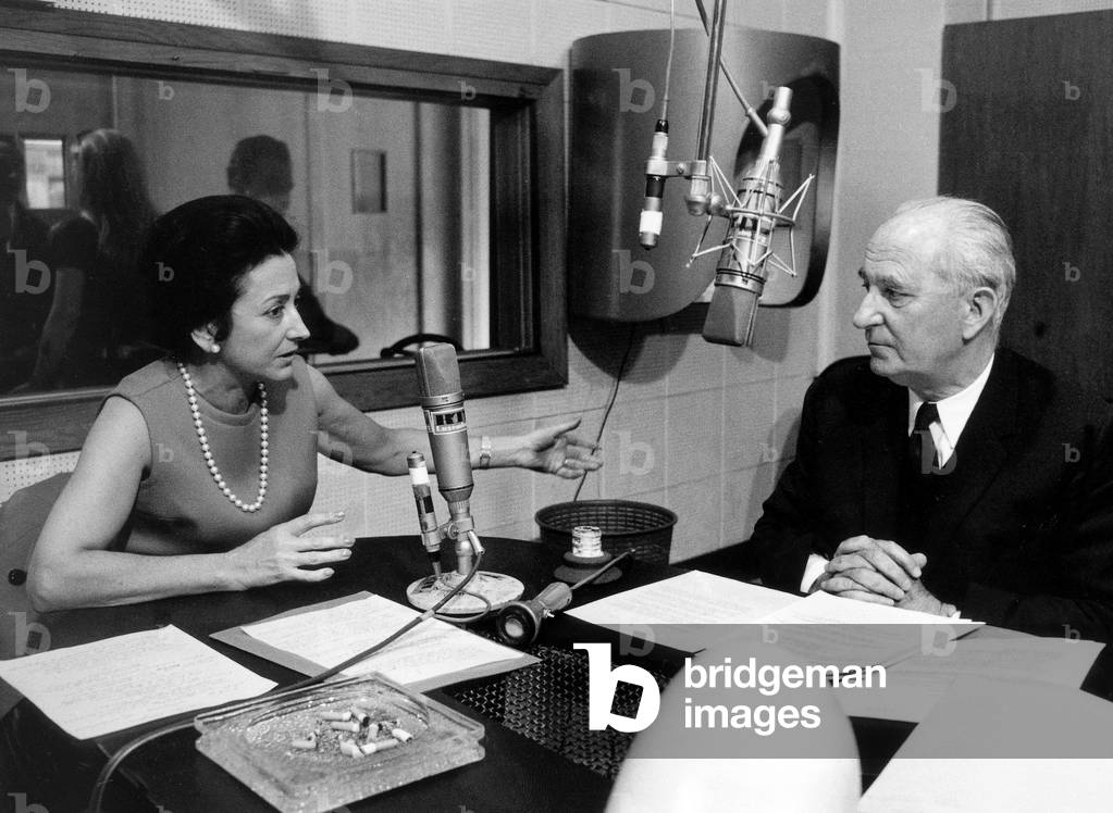 French Presenter Menie Gregoire With Politician Gaston Deferre during Rzdio Program on Rtl on May 21, 1969 (b/w photo)