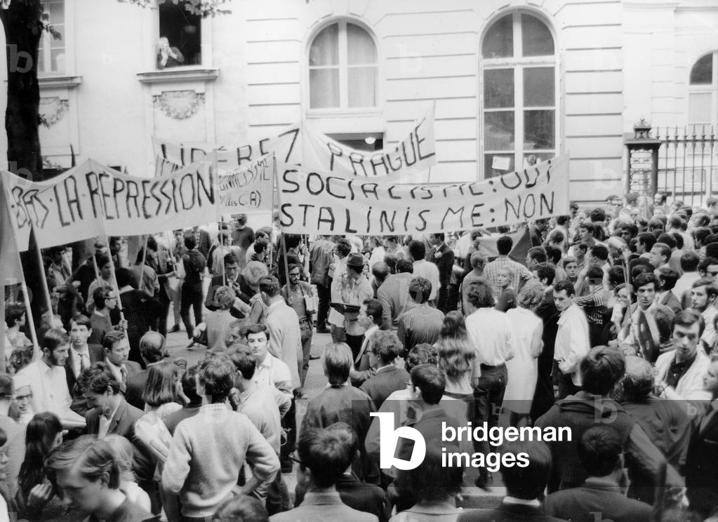 Supporting Demonstration To Czechslovakia Against Soviet Invasion, here in Paris in Front of Czech Ambassy August 23, 1968 (b/w photo)