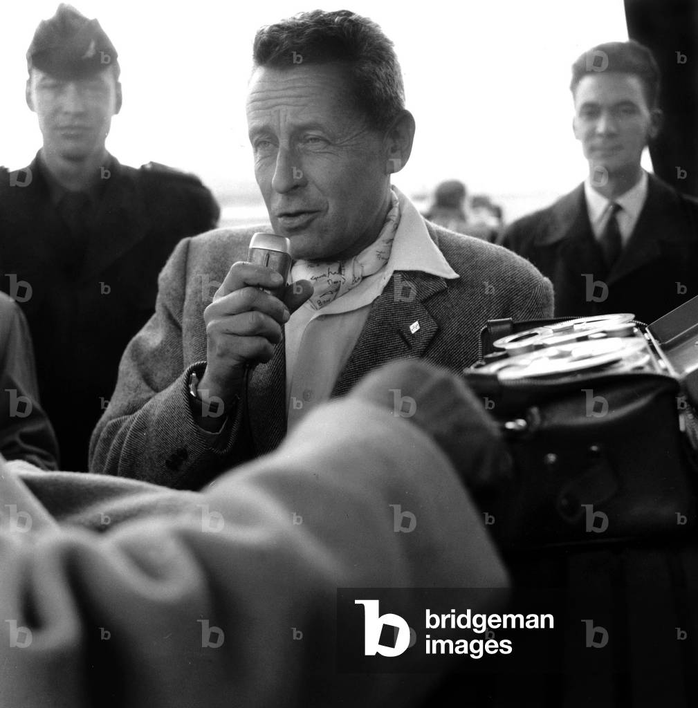 French Explorer and Ethnologist Paul Emile Victor (1907-1995) Interviewed at Bourget Airport Before his Departure For Greenland on April 8, 1959 (b/w photo)