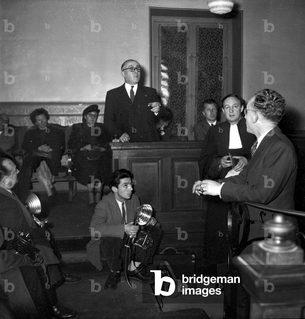 Trial of Paul Cavaillez and Dieudonne Costes (Tried For Intelligence With Hte Ennemy during Ww2) Paris, March 15, 1949 : Dieudonne Costes, The Lawyer Jacques Isorni and Witness Mr Baake (b/w photo)