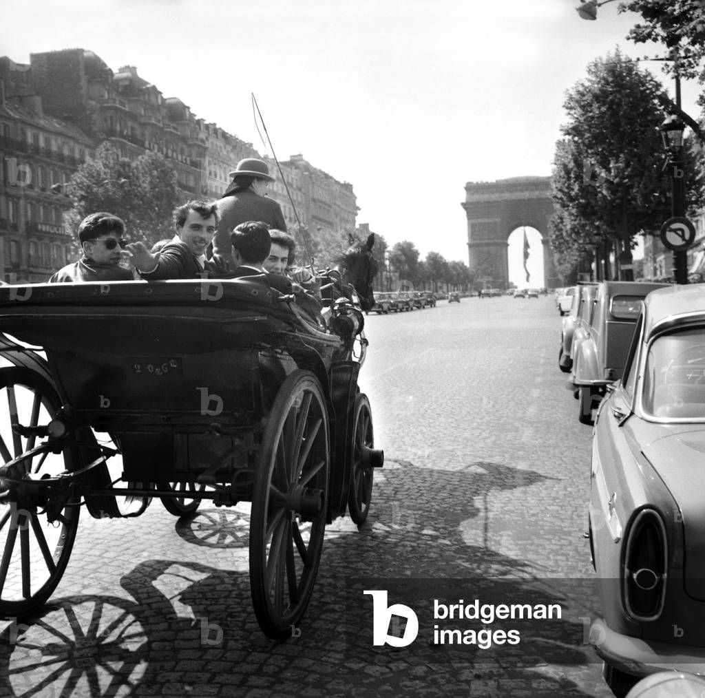 On Champs-Elysees in Paris : Parisians in A Fiacre May 14, 1961 (b/w photo)