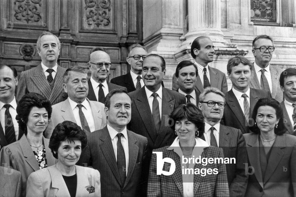 21 Candidates of Urc (Union of Republic and Center) of Paris For Legislative Election on May 20, 1988 : Jacques Chirac, Nicole Cathala, Jean Tiberi, Francoise De Panafieu, Jacques Dominati, Michel Barzach, Kaspereit, Alain Devaquet, Didier Bariani, Alain Juppe and Edouard Balladur (b/w photo)