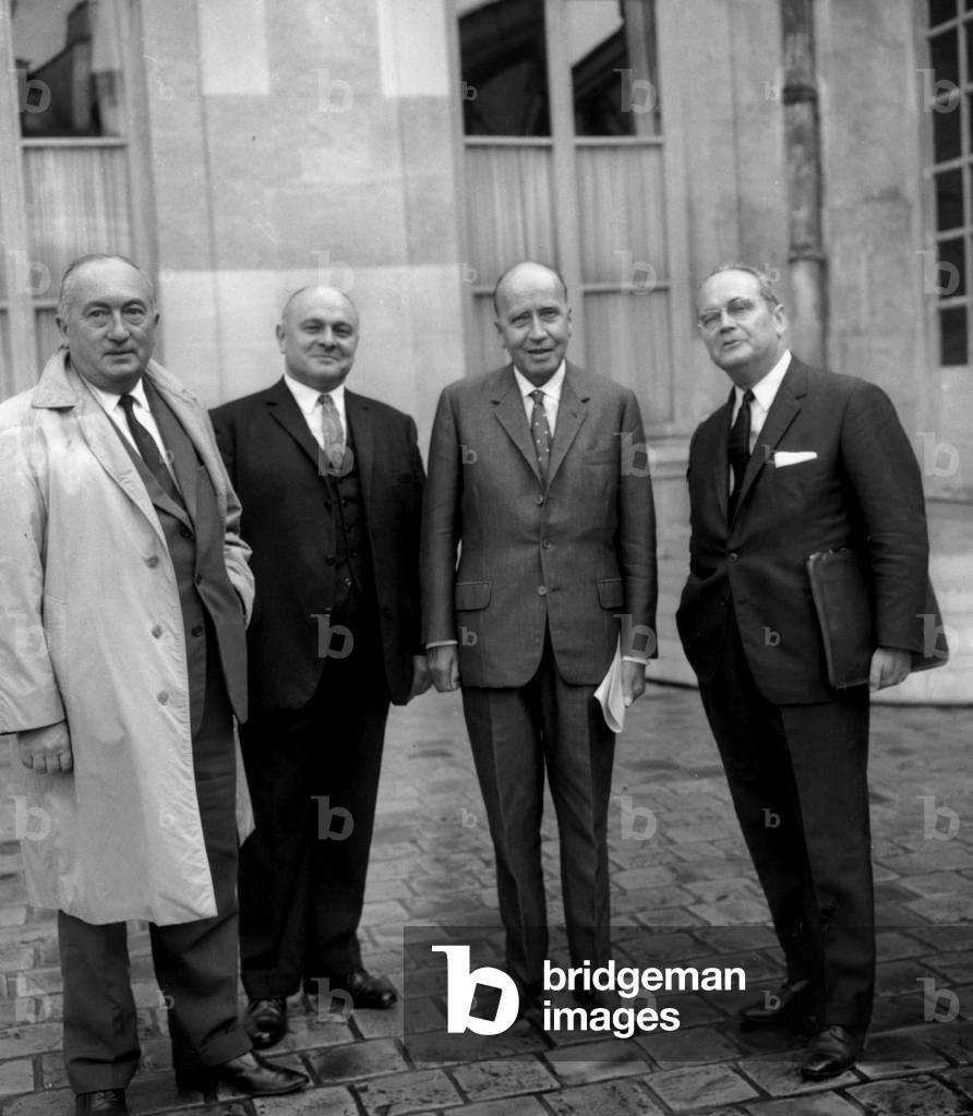 Delegation of Cgc (French Trade Union) Received at Matignon Hotel in Paris By Prime Minister Georgespompidou September 13, 1966 : L-R : Robert Condouin, Andre Lapostolle, Andre Malterre, Maurice Tissot (b/w photo)