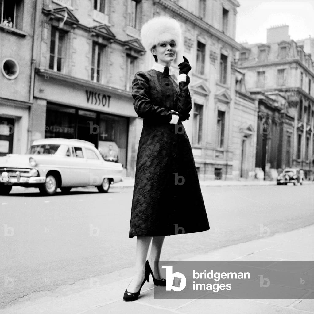 Fashion By Pierre Cardin For Winter 1955, July 29, 1955, Paris : Fur Toque and Coat (b/w photo)