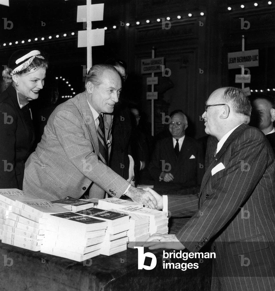 French Writer and Scriptwriter Maurice Dekobra at Drama Authors and Composers Fair in Paris April 8, 1952 He Meets French President Auriol (b/w photo)