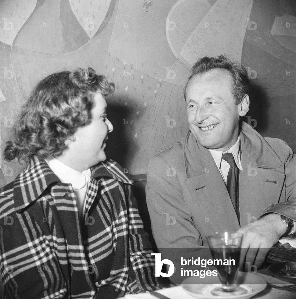 French actor Bourvil with a journalist, May 1950, Paris (b/w photo)