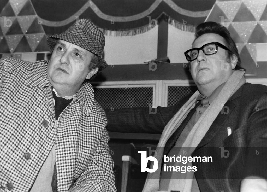 Pierre Tchernia and Raymond Devos during The Show 'Noel Au Cirque' (Christmas at The Circus), November 28, 1973 (b/w photo)