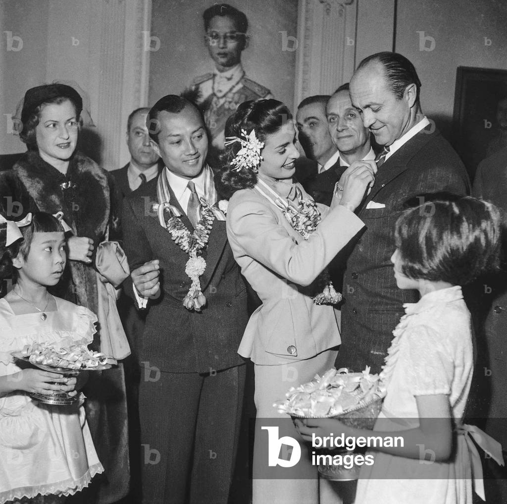Wedding of Prince Bira of Siam with Chelita Howard, Paris, December 18, 1951 (b/w photo)