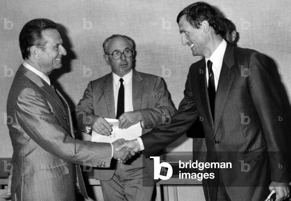 Jean Lecanuet and Francois Leotard, French Minister of Culture, Paris, September 4, 1986 (b/w photo)
