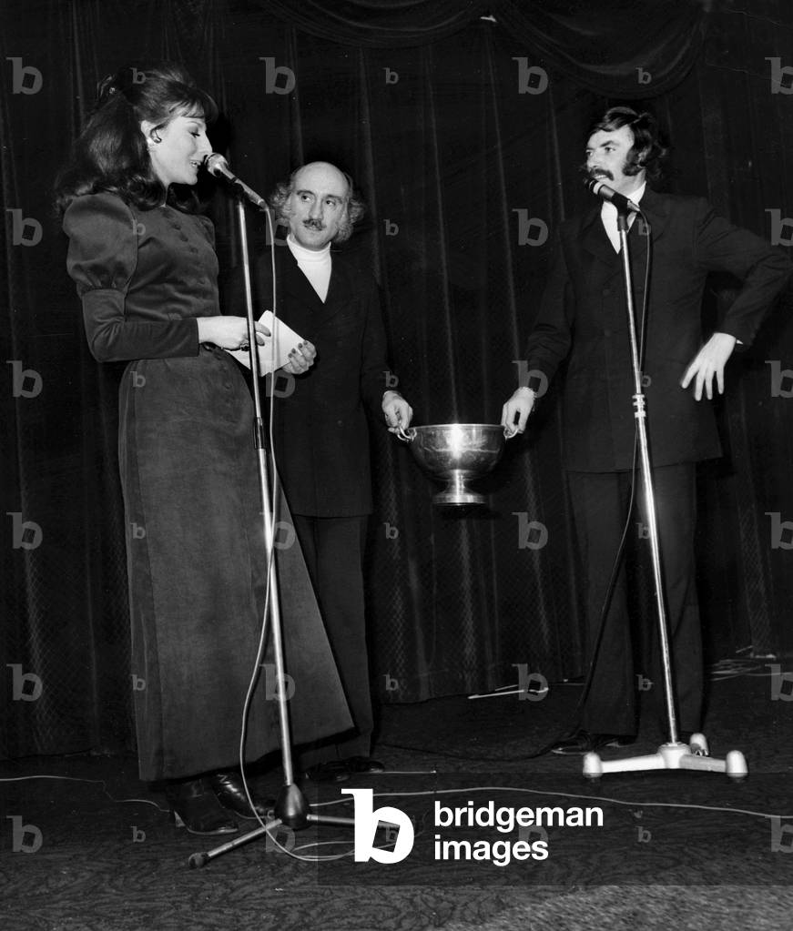 Denise Fabre and Les Freres Ennemis (Teddy Vrignault Left Et Andre Gaillard Right) Introduce The Collection of Hardwearing Wear To The Pavilion of Armenonville To Paris December The 8Th 1970 Neg:D30950 (b/w photo)