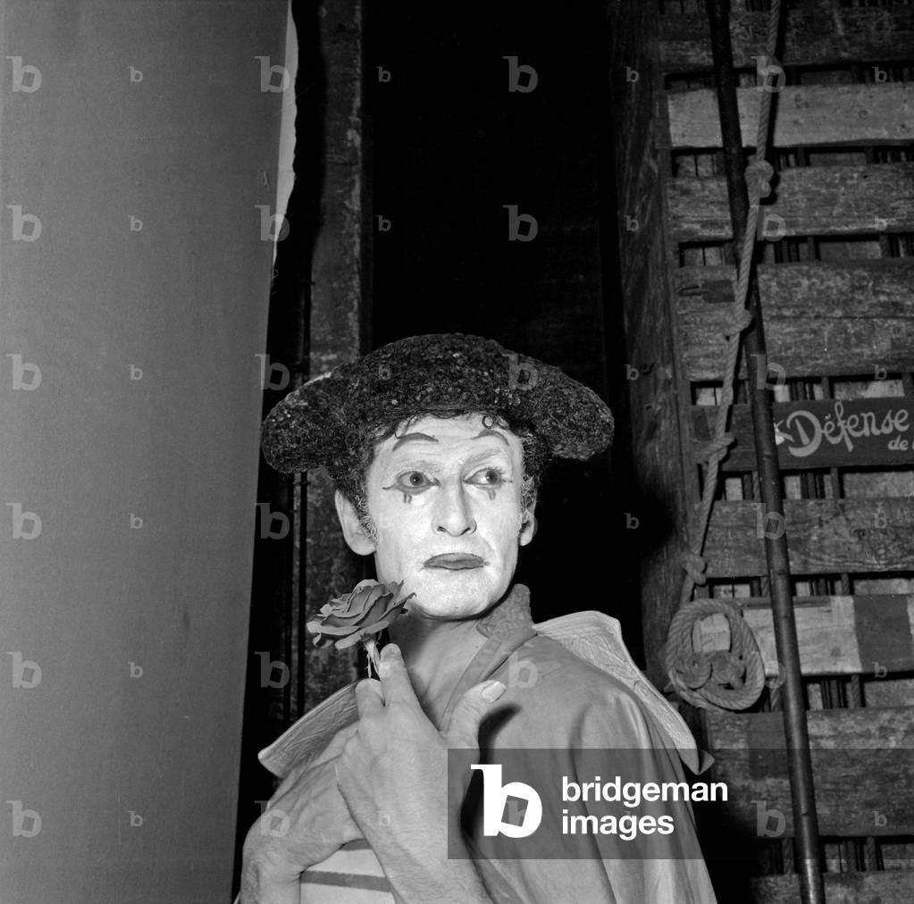French Mime Artist Marcel Marceau Miming The Matador during Press Conference on September 19, 1958, Paris (b/w photo)